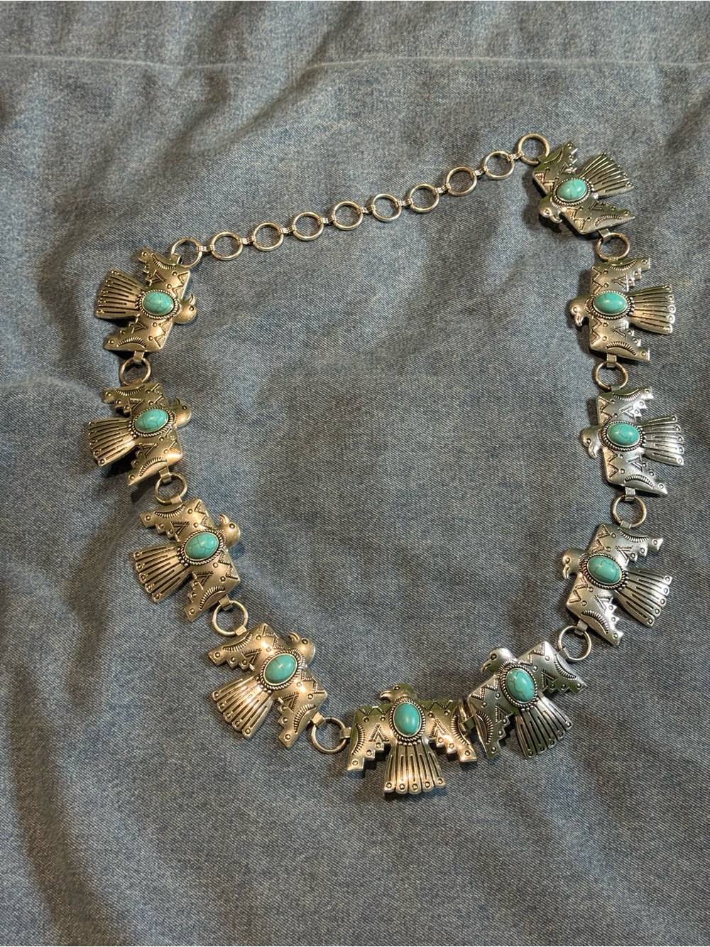 Idyllwind Faux Turquoise Thunderbird Silver Tone Link Chain Belt